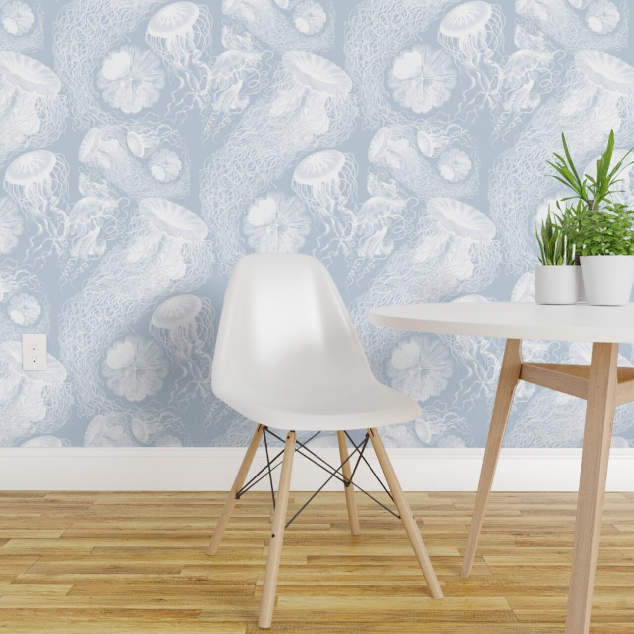 Peel & Stick Wallpaper 2FT Wide Jellyfish White Sea Ocean Aquatic Vintage Antique Beach Nautical Blue Custom Removable Wallpaper by Spoonflower